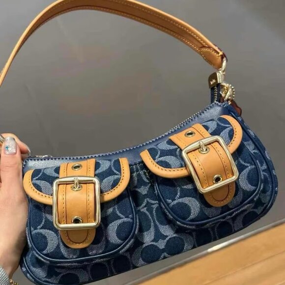 Coach Blue and Tan Signature Shoulder Bag Fashion❤️
